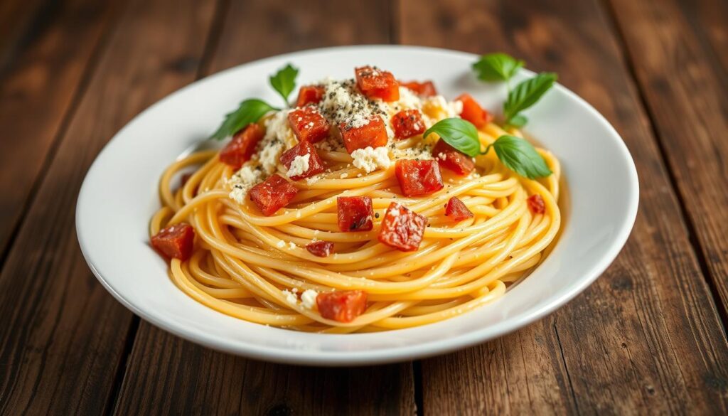 a plate of spaghetti with cheese and basil Spaghetti Carbonara