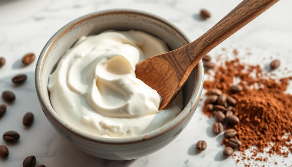 a bowl of cream with a wooden spoon
